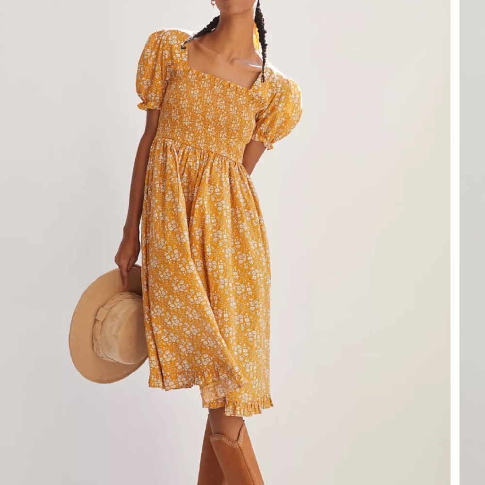 Smocked Puff-Sleeve Midi Dress in Mustard Floral